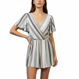 Altard State Romper Size M Multi Stripe V Neck‎ Tie Back Flutter Sleeve Boho
